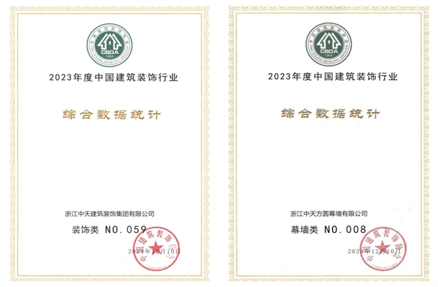 中天裝飾集團位列2023年度中國建筑裝飾企業(yè)百強59位、幕墻百強第8位
